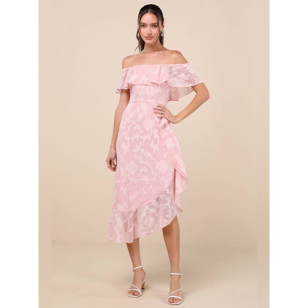 NWT Lulus Pretty Perfect Blush Burnout Floral Off-the-Shoulder Midi Dress XS